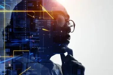Woman with futuristic code blending into the background